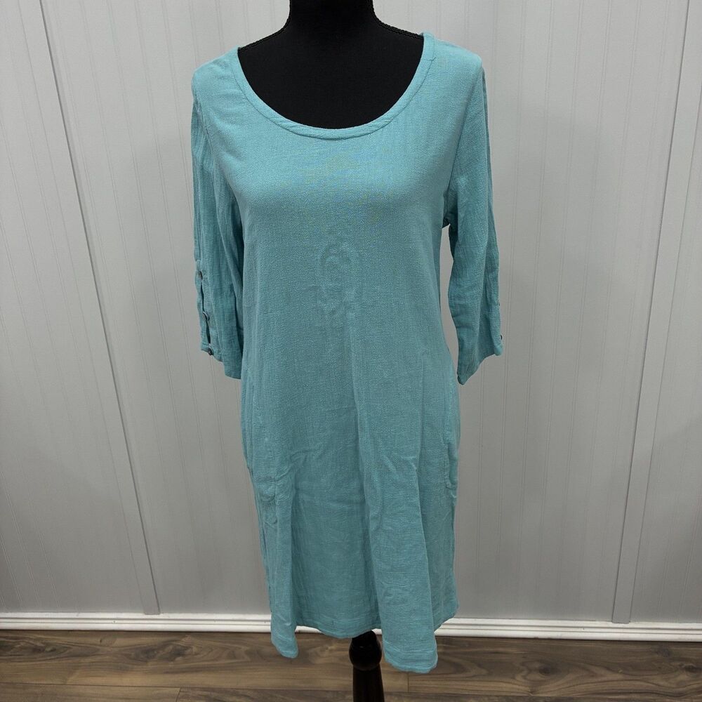 Soft Surroundings Women's Size PS Teal Blue 100% Cotton 3/4 Sleeve Midi Dress